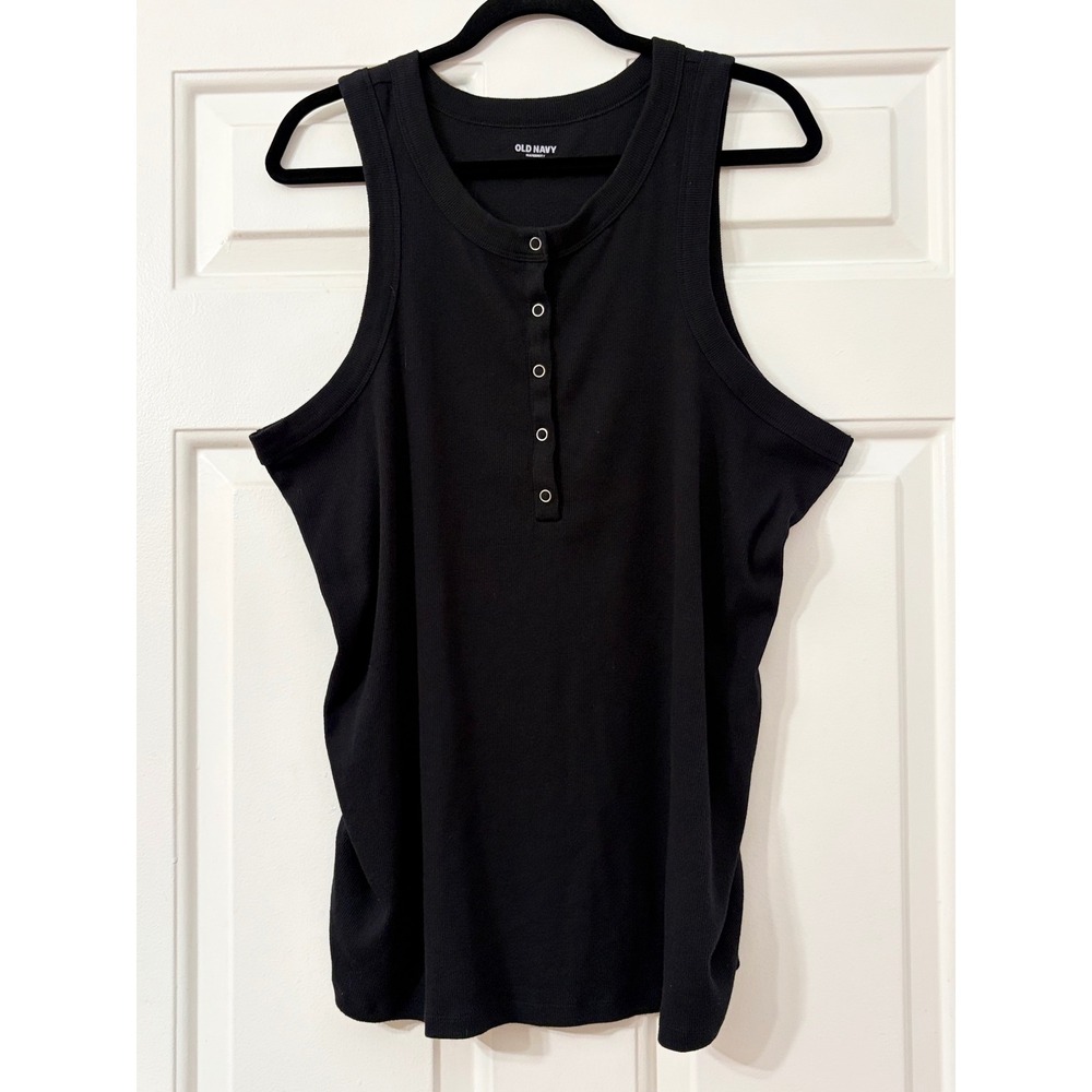Old Navy Maternity Ribbed Henley Tank Top XL Black Ruched Side Stretch